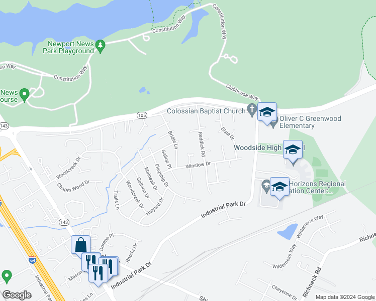 map of restaurants, bars, coffee shops, grocery stores, and more near 511 Lanelle Place in Newport News