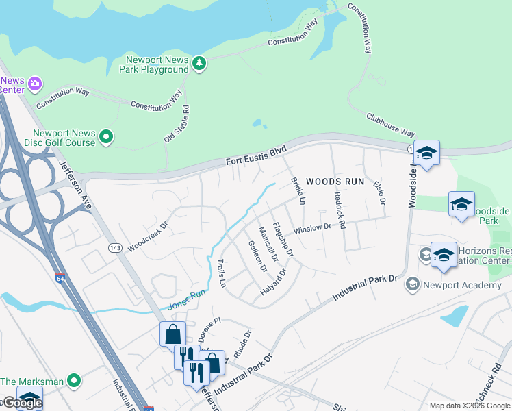 map of restaurants, bars, coffee shops, grocery stores, and more near 755 Flagship Drive in Newport News