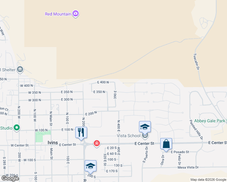 map of restaurants, bars, coffee shops, grocery stores, and more near 352 340 East Street in Ivins