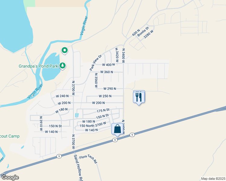 map of restaurants, bars, coffee shops, grocery stores, and more near 3449 West 290 North in Hurricane