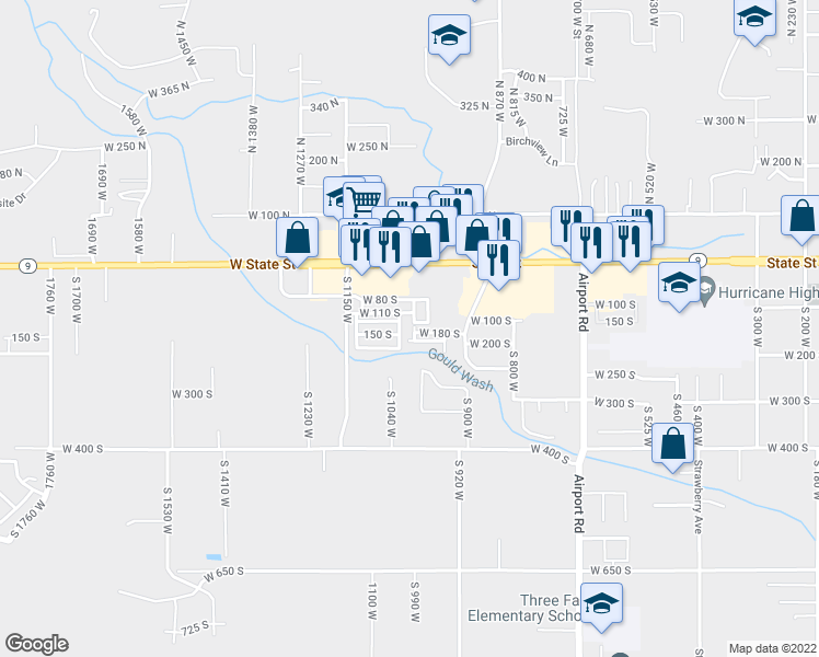 map of restaurants, bars, coffee shops, grocery stores, and more near 162 South 1050 West in Hurricane