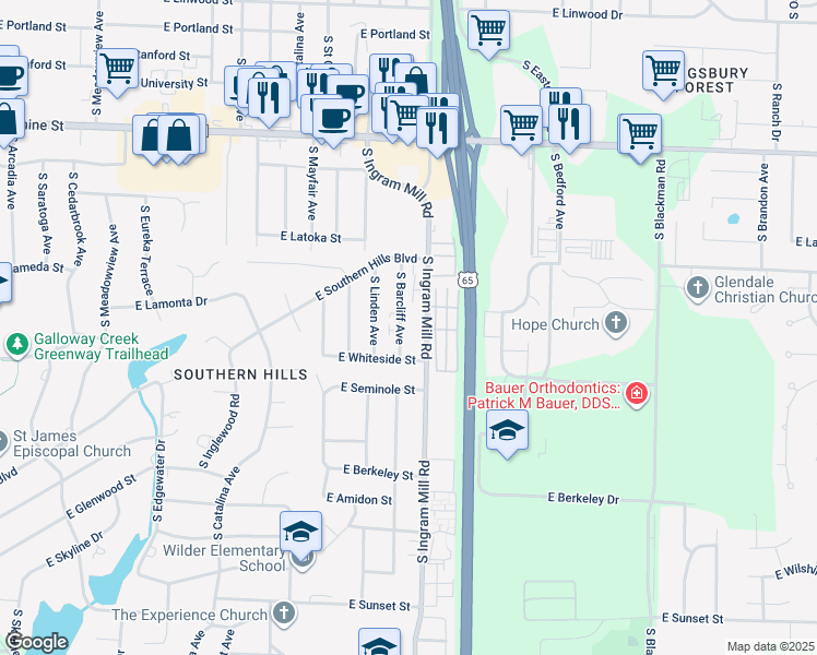 map of restaurants, bars, coffee shops, grocery stores, and more near 2116 South Barcliff Avenue in Springfield