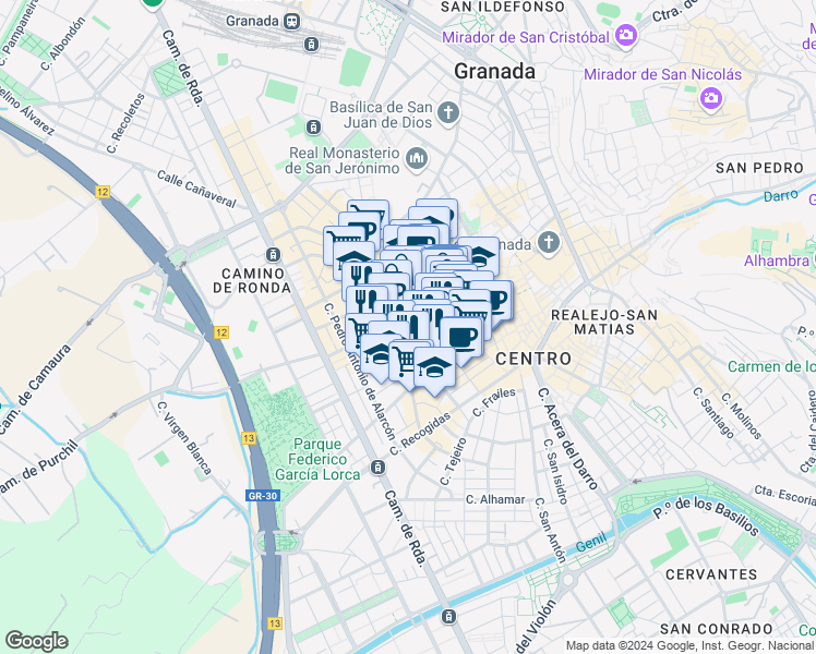 map of restaurants, bars, coffee shops, grocery stores, and more near 36 Calle San Miguel Alta in Granada