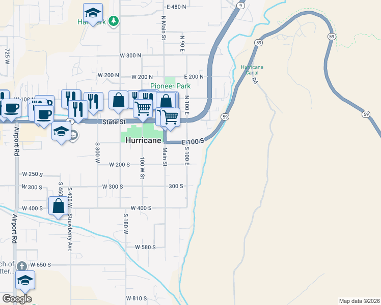 map of restaurants, bars, coffee shops, grocery stores, and more near 143 South 100 East in Hurricane
