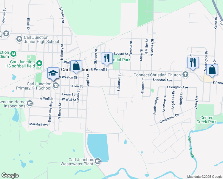 map of restaurants, bars, coffee shops, grocery stores, and more near 305 Chitwood Street in Carl Junction