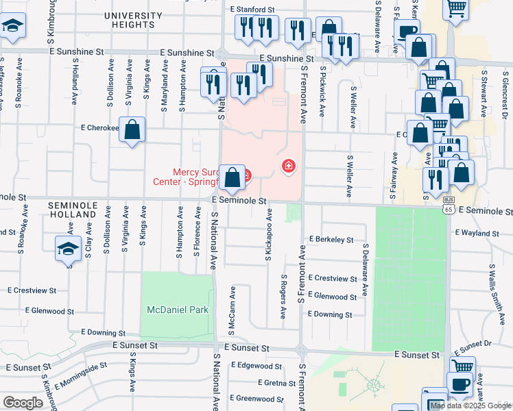 map of restaurants, bars, coffee shops, grocery stores, and more near 2202 South Prospect Court in Springfield