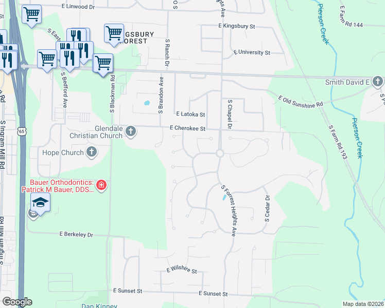 map of restaurants, bars, coffee shops, grocery stores, and more near 4111 East Serenade Street in Springfield