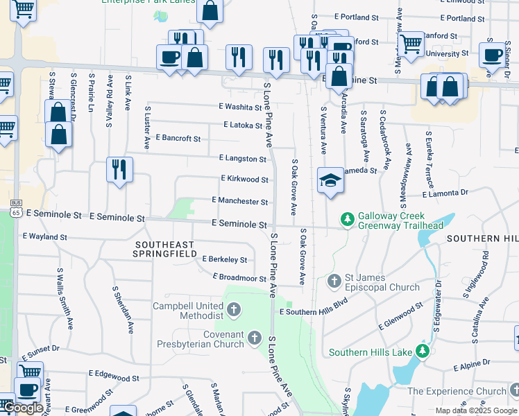map of restaurants, bars, coffee shops, grocery stores, and more near 2438 E Manchester Dr in Springfield