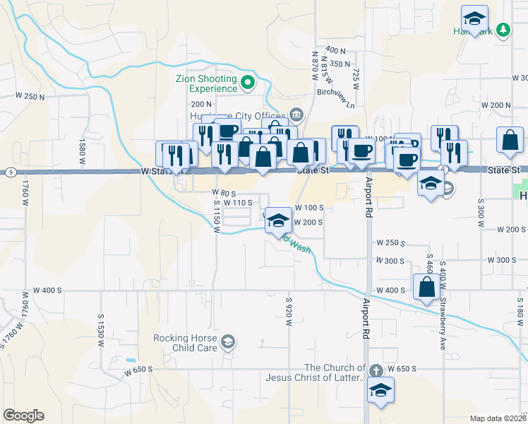map of restaurants, bars, coffee shops, grocery stores, and more near 1044 W 180 S in Hurricane