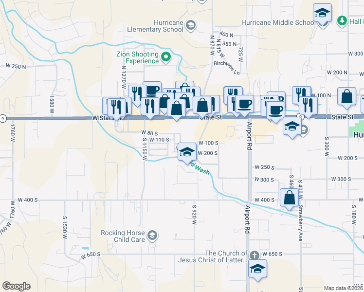 map of restaurants, bars, coffee shops, grocery stores, and more near 1004 West 180 South in Hurricane