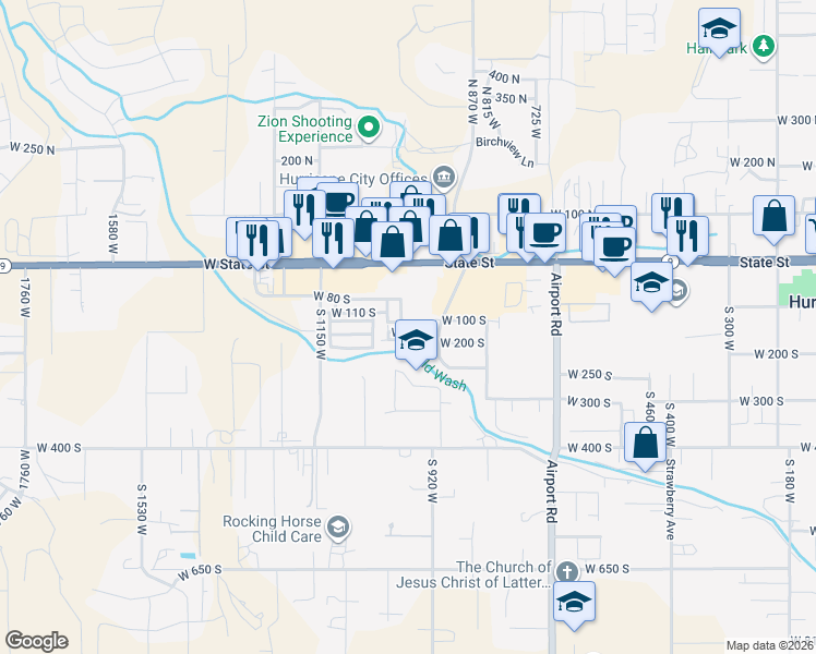 map of restaurants, bars, coffee shops, grocery stores, and more near 986 West 180 South in Hurricane