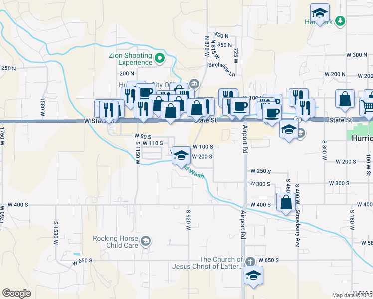map of restaurants, bars, coffee shops, grocery stores, and more near 908 West 180 South in Hurricane