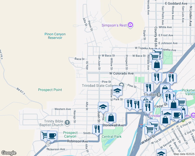 map of restaurants, bars, coffee shops, grocery stores, and more near 1209 San Juan Street in Trinidad