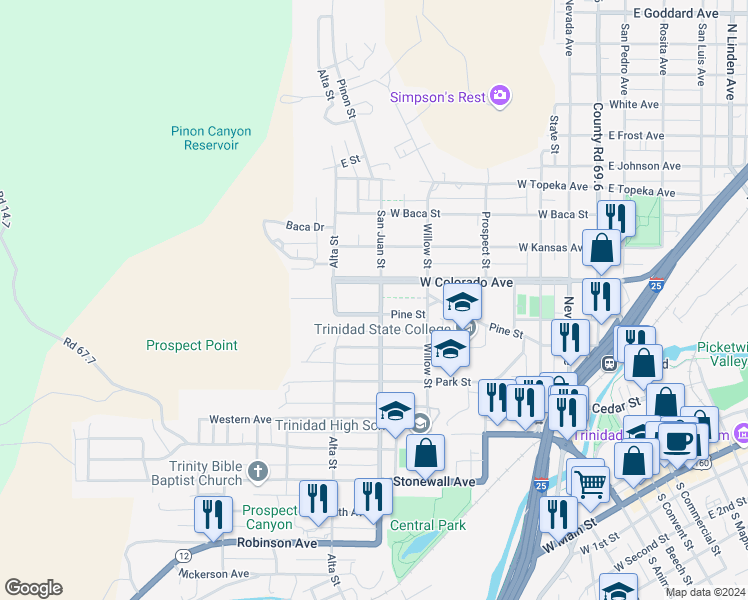 map of restaurants, bars, coffee shops, grocery stores, and more near 1209 San Juan Street in Trinidad