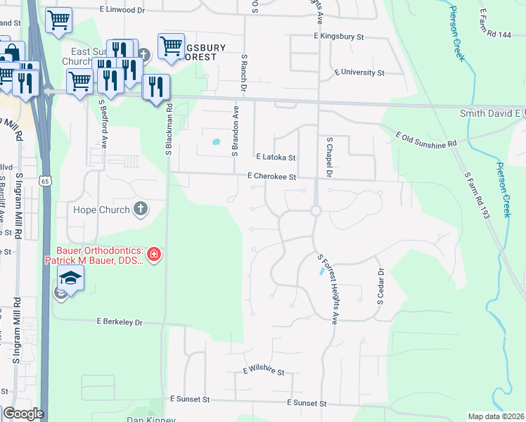 map of restaurants, bars, coffee shops, grocery stores, and more near 4036 E Dardenelle Pl in Springfield