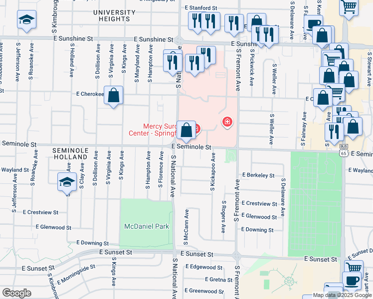 map of restaurants, bars, coffee shops, grocery stores, and more near 2210 S McCann Ave in Springfield