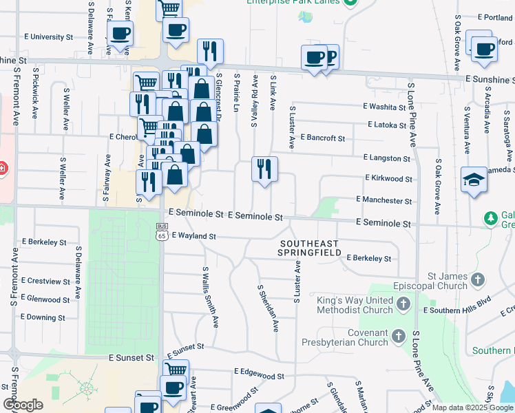 map of restaurants, bars, coffee shops, grocery stores, and more near 2154 South Valley Road Avenue in Springfield