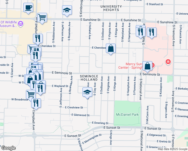 map of restaurants, bars, coffee shops, grocery stores, and more near 2207 South Clay Avenue in Springfield