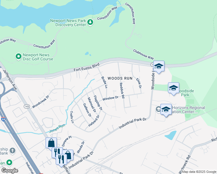map of restaurants, bars, coffee shops, grocery stores, and more near 114 Bridle Lane in Newport News
