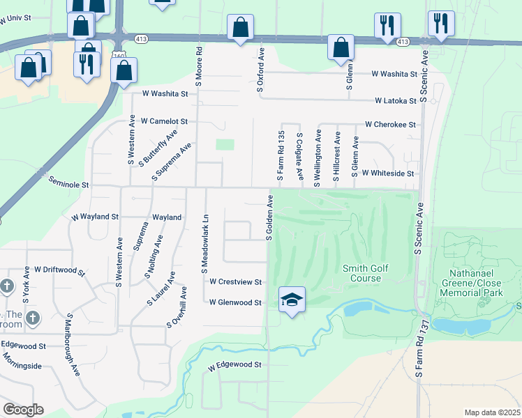 map of restaurants, bars, coffee shops, grocery stores, and more near 3154 West Tracy Court in Springfield