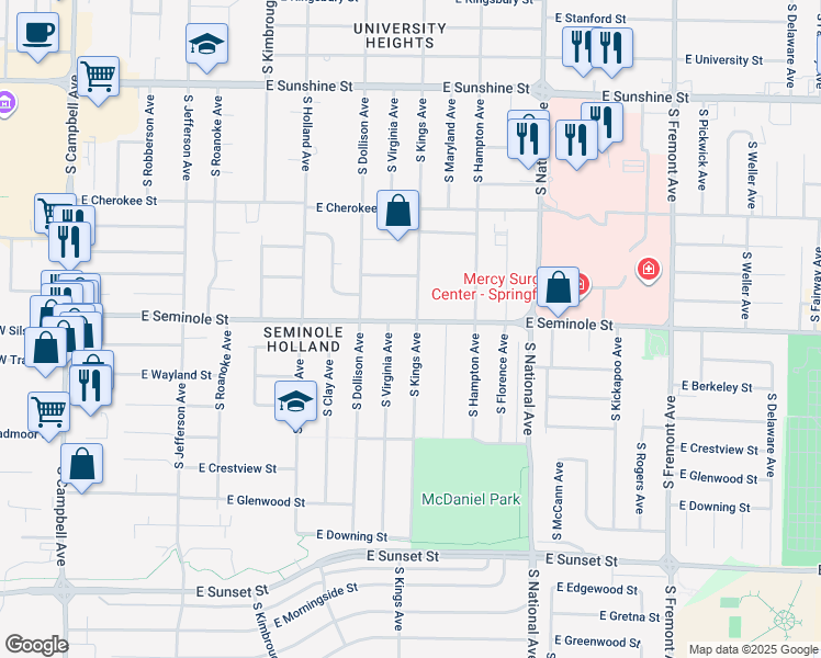 map of restaurants, bars, coffee shops, grocery stores, and more near 2205 South Kings Avenue in Springfield