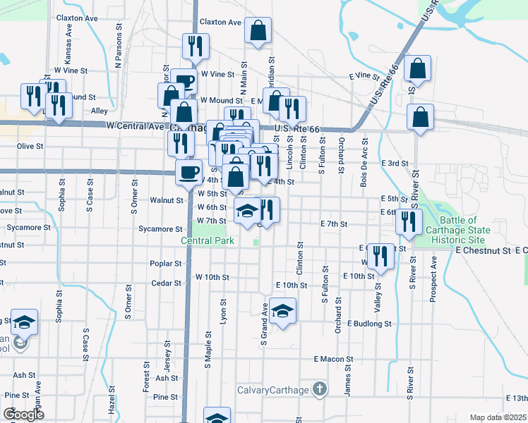 map of restaurants, bars, coffee shops, grocery stores, and more near 600 Grant Street in Carthage