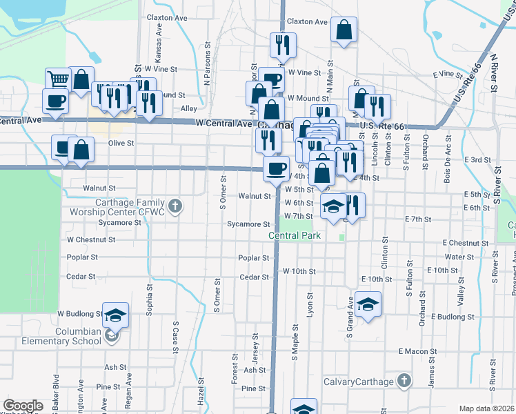 map of restaurants, bars, coffee shops, grocery stores, and more near 612 South McGregor Street in Carthage
