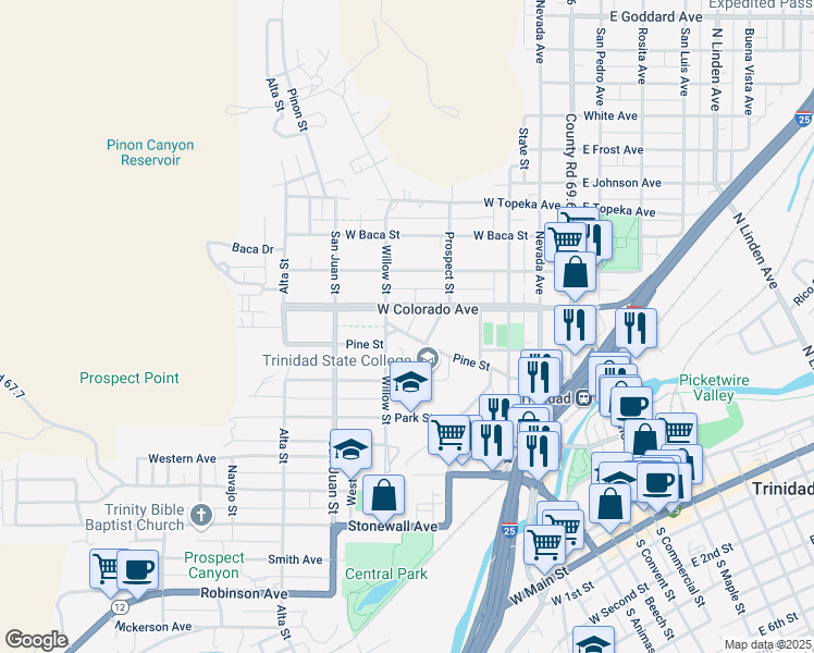map of restaurants, bars, coffee shops, grocery stores, and more near 601 Pine Street in Trinidad