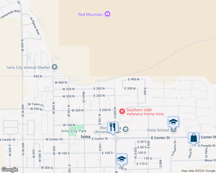 map of restaurants, bars, coffee shops, grocery stores, and more near 165 E 350 N in Ivins