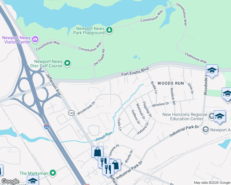 map of restaurants, bars, coffee shops, grocery stores, and more near 907 Woodcreek Drive in Newport News