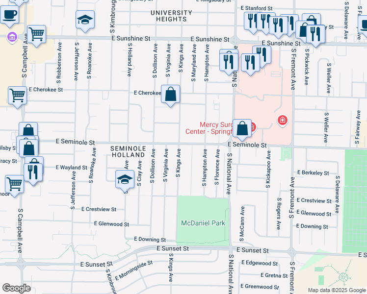 map of restaurants, bars, coffee shops, grocery stores, and more near 1002 East Seminole Street in Springfield