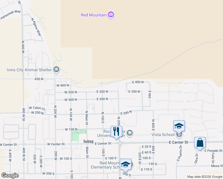map of restaurants, bars, coffee shops, grocery stores, and more near 165 East 350 North in Ivins