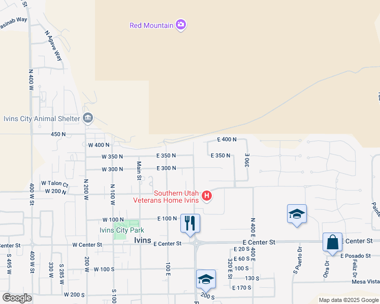map of restaurants, bars, coffee shops, grocery stores, and more near 165 East 350 North in Ivins