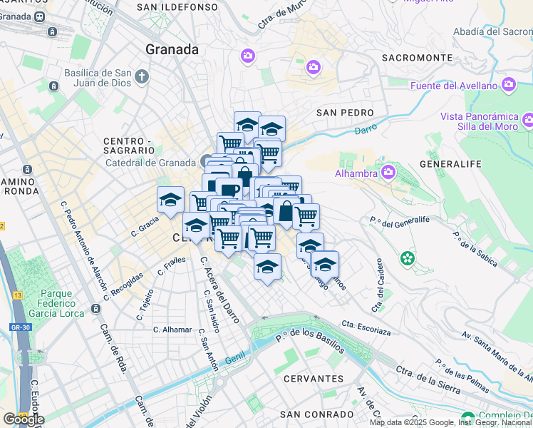 map of restaurants, bars, coffee shops, grocery stores, and more near 2 Calle Santa Escolástica in Granada