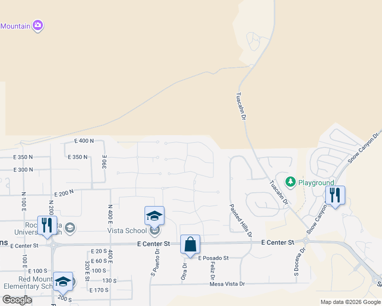 map of restaurants, bars, coffee shops, grocery stores, and more near Rock Creek Drive in Ivins