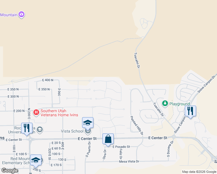 map of restaurants, bars, coffee shops, grocery stores, and more near Rock Creek Drive in Ivins