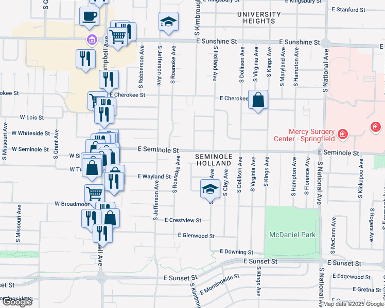 map of restaurants, bars, coffee shops, grocery stores, and more near 530 East Seminole Street in Springfield