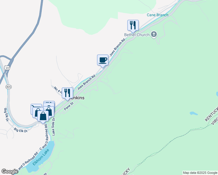 map of restaurants, bars, coffee shops, grocery stores, and more near 118 Wrights Hollow Road in Jenkins