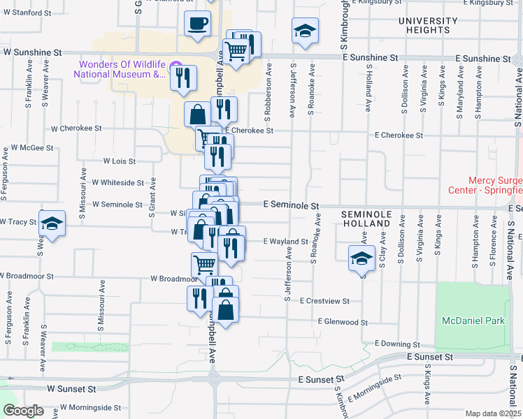 map of restaurants, bars, coffee shops, grocery stores, and more near 214 East Seminole Street in Springfield