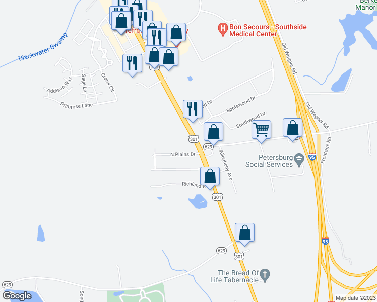 map of restaurants, bars, coffee shops, grocery stores, and more near 105 North Plains Drive in Petersburg