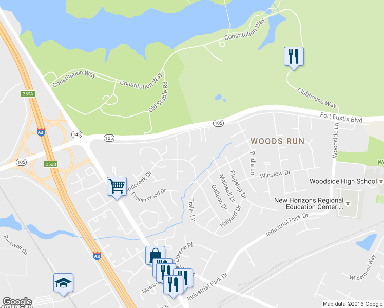 map of restaurants, bars, coffee shops, grocery stores, and more near 907 Woodcreek Drive in Newport News