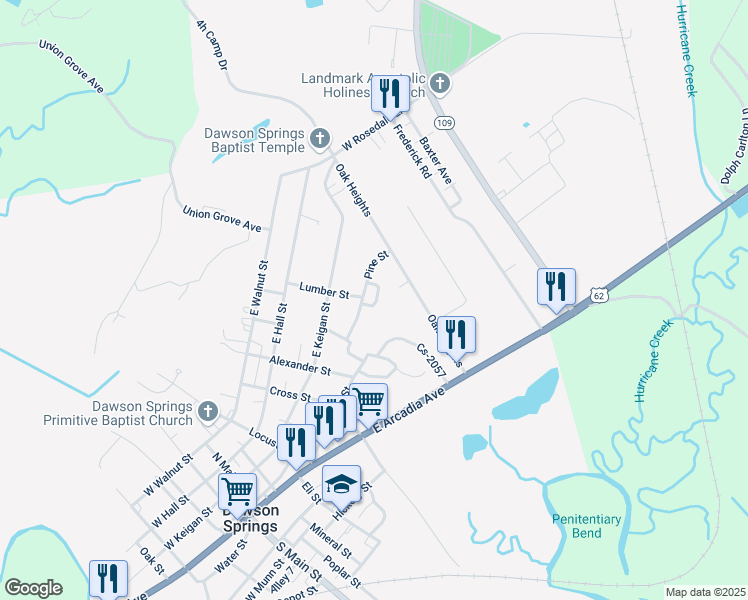 map of restaurants, bars, coffee shops, grocery stores, and more near 201 Pine Street in Dawson Springs