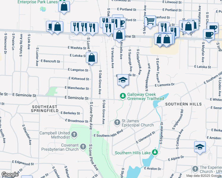 map of restaurants, bars, coffee shops, grocery stores, and more near 2120 South Ventura Avenue in Springfield