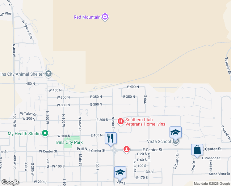 map of restaurants, bars, coffee shops, grocery stores, and more near 357 North 250 East in Ivins