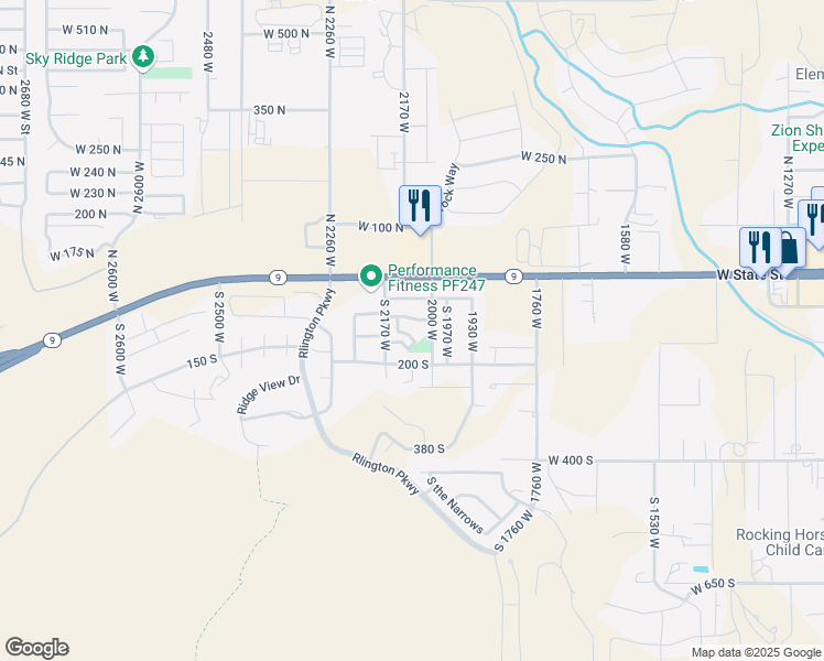 map of restaurants, bars, coffee shops, grocery stores, and more near 2112 West 100 South in Hurricane