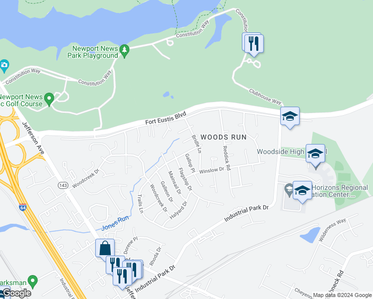 map of restaurants, bars, coffee shops, grocery stores, and more near 761 Trails Lane in Newport News