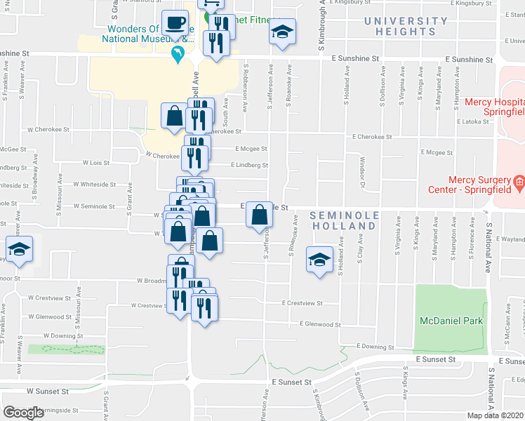 map of restaurants, bars, coffee shops, grocery stores, and more near 322 East Seminole Street in Springfield