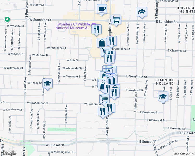 map of restaurants, bars, coffee shops, grocery stores, and more near 507 West Silsby Street in Springfield