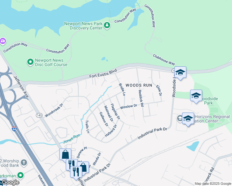 map of restaurants, bars, coffee shops, grocery stores, and more near 761 Trails Lane in Newport News