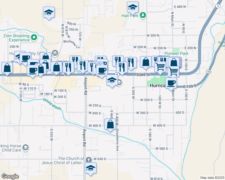 map of restaurants, bars, coffee shops, grocery stores, and more near 345 Tiger Boulevard in Hurricane